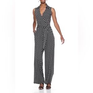 Nina Leonard Navy Polka Dot Jumpsuit